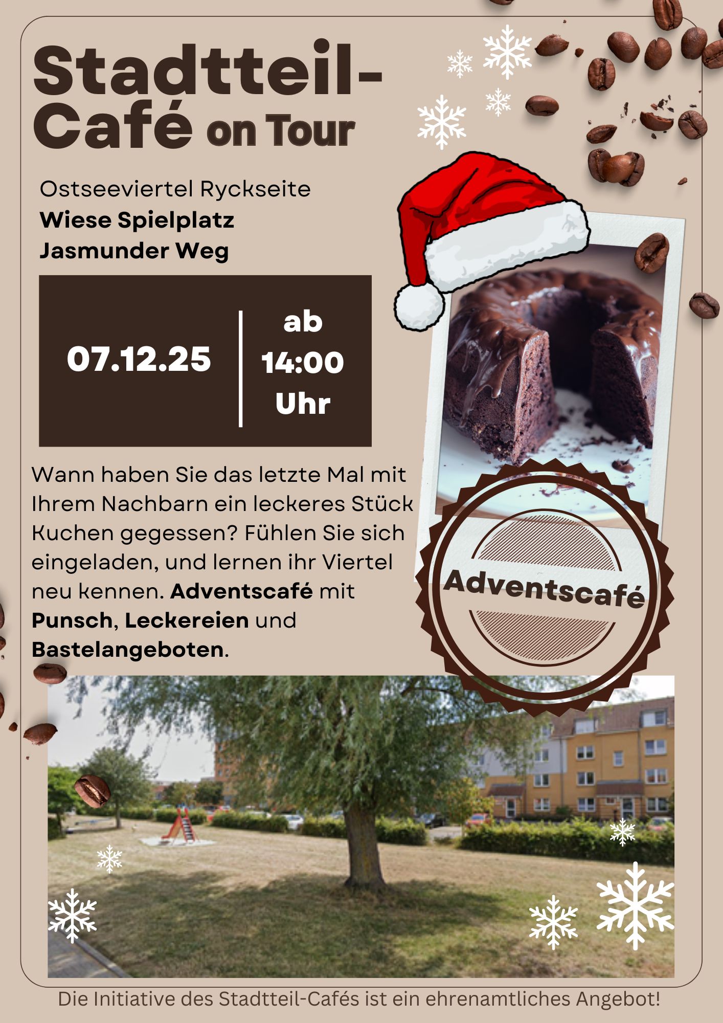 Stadtteil-Café im Ostseeviertel on Tour, Adventscafé, am So., 07.12.2025 ab 14:00 Uhr auf dem Spielplatz Poeler Weg