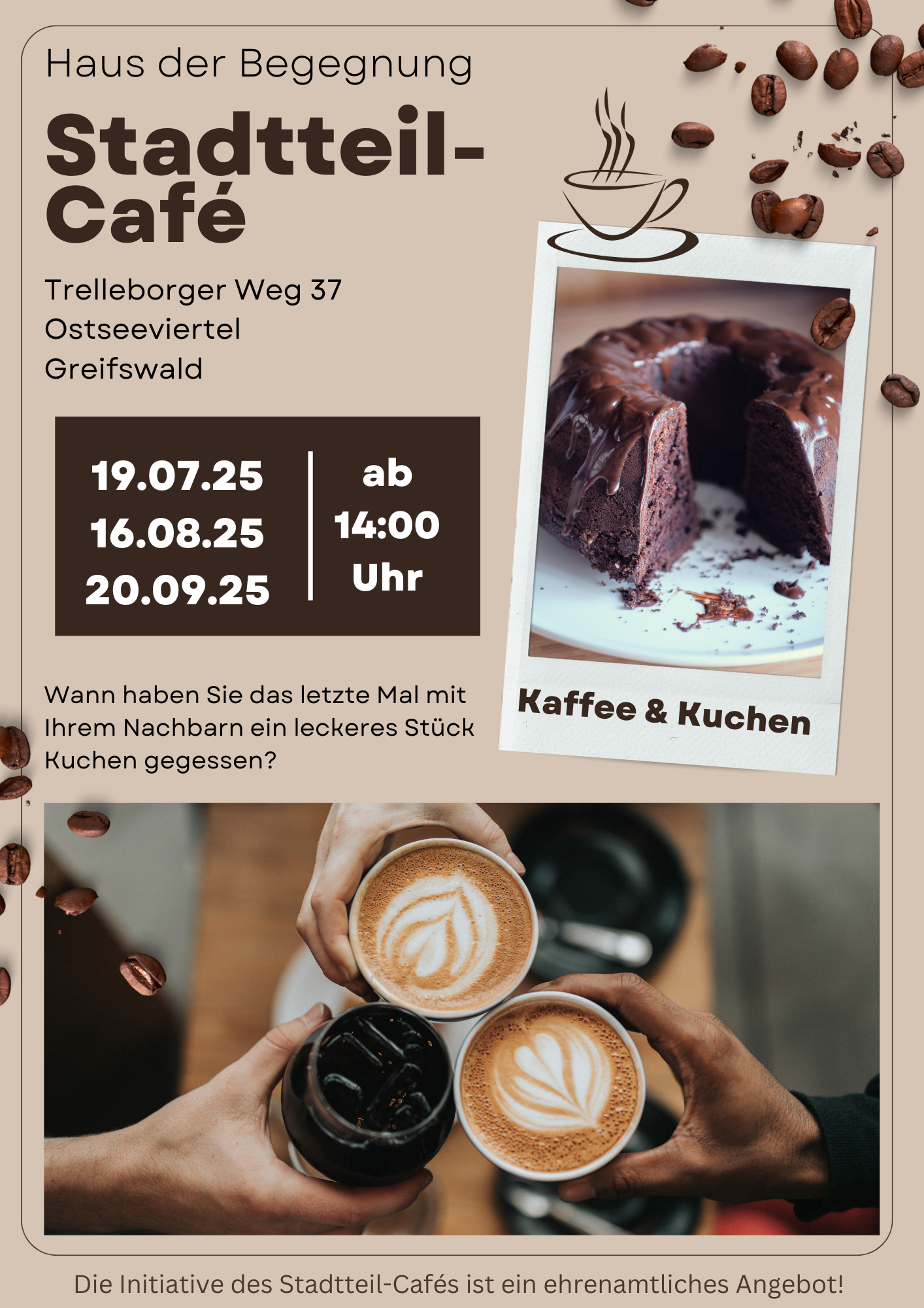 Stadtteil-Café im Ostseeviertel am Sa., 19.07., 16.08. und 20.09. von 14:00 bis 17:00 Uhr im Haus der Begegnung im Trelleborger Weg 37