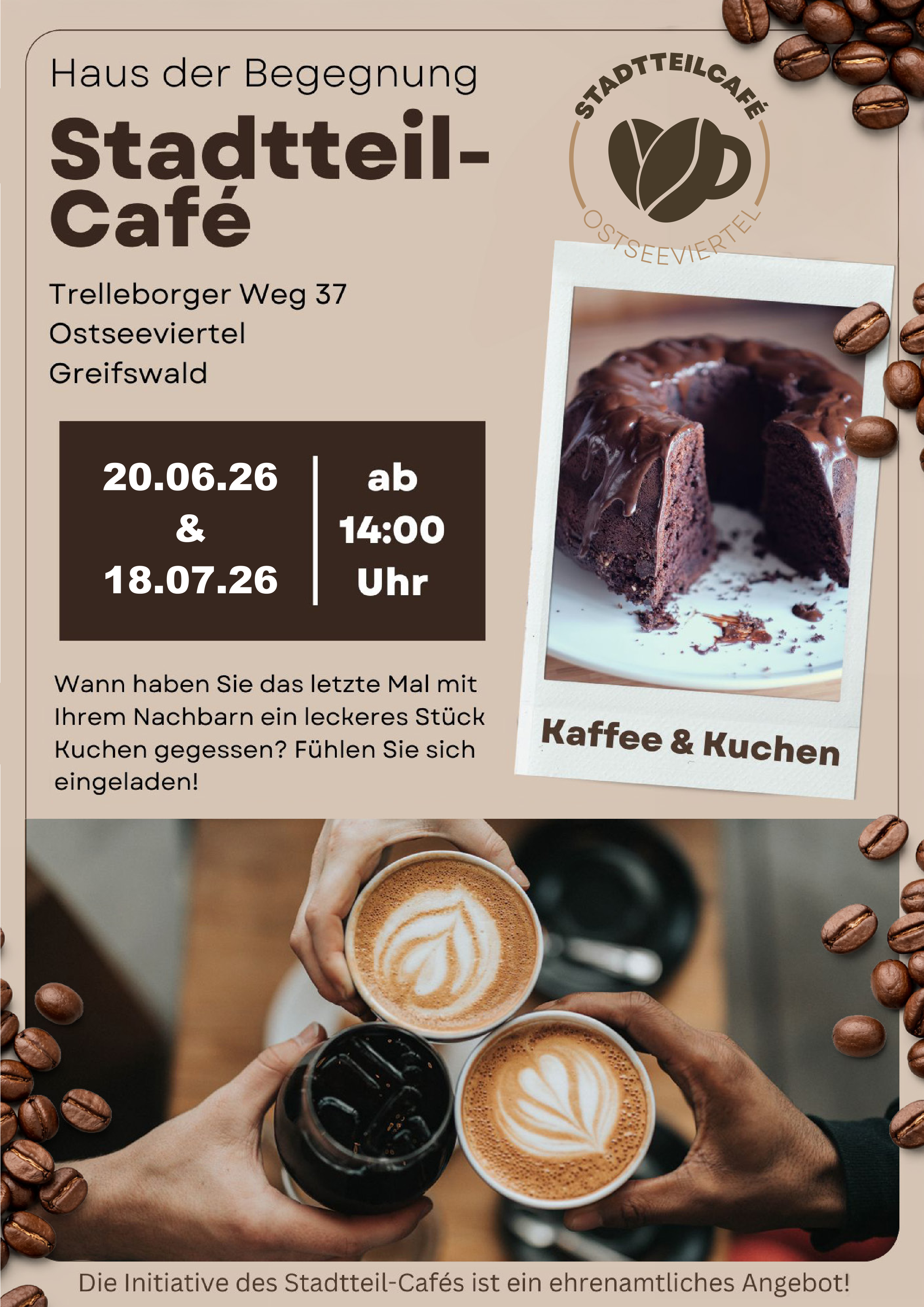 Stadtteil-Café im Ostseeviertel am Sa., 20.06. und 18.07. von 14:00 bis 17:00 Uhr im Haus der Begegnung im Trelleborger Weg 37