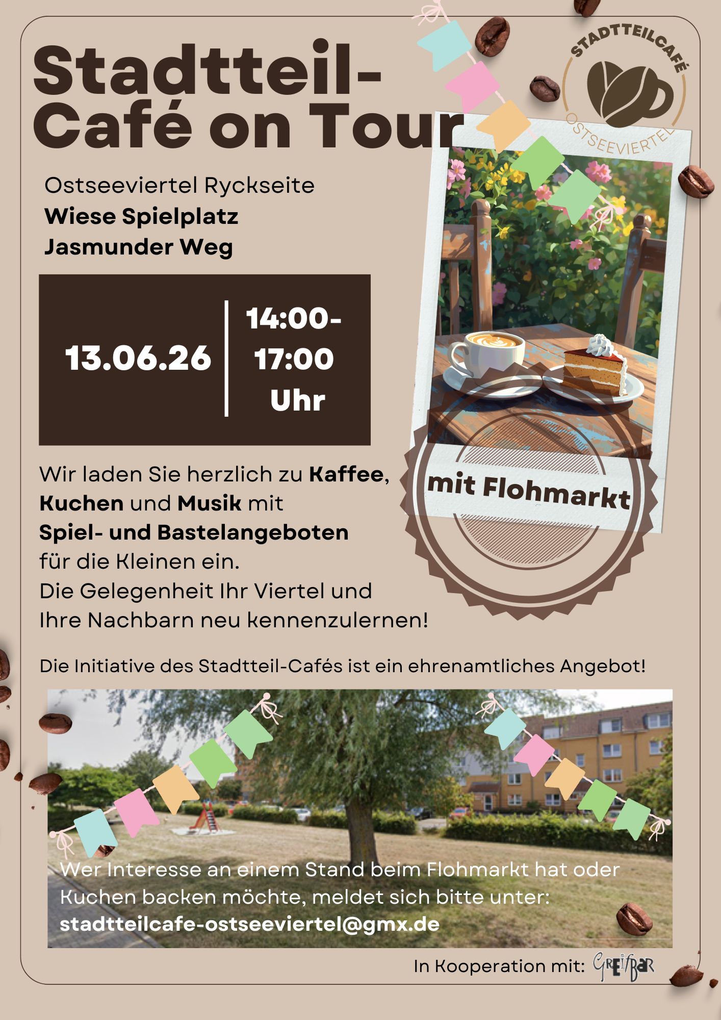 Stadtteil-Café on Tour am Sa., 13.06. von 14:00 bis 17:00 Uhr auf der Wiese am Spielplatz "Poeler Weg"