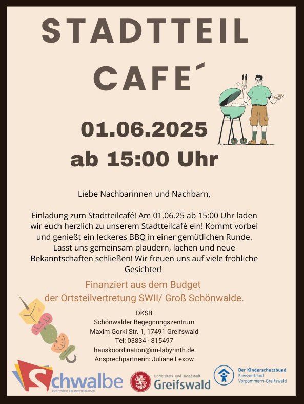 Stadtteilcafé Schönwalde 2 am So., 01.06. ab 15:00 Uhr auf dem Hof der Schwalbe in der Maxim-Gorki-Straße 1