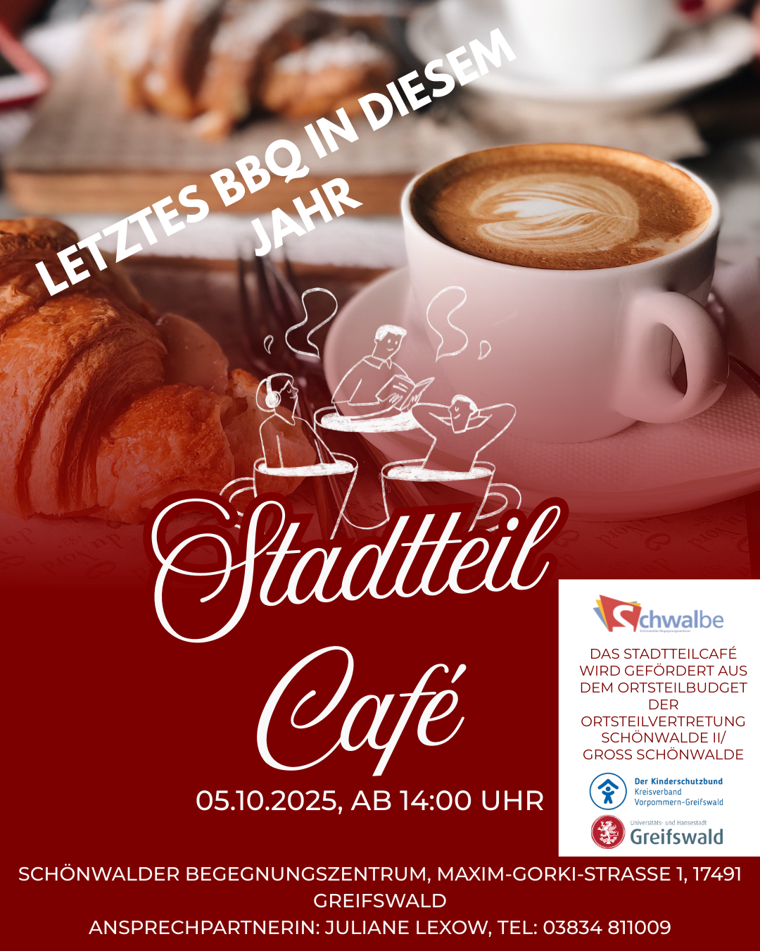 Stadtteilcafé Schönwalde 2 am So., 05.10. ab 14:00 Uhr im/vor dem Stadtteiltreff in der Schwalbe in der Maxim-Gorki-Straße 1