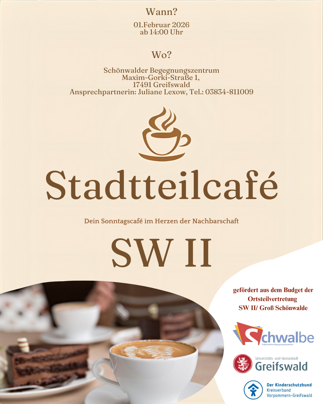Stadtteilcafé Schönwalde 2 am So, 01.02. ab 14:00 Uhr im Stadtteiltreff in der Schwalbe in der Maxim-Gorki-Straße 1