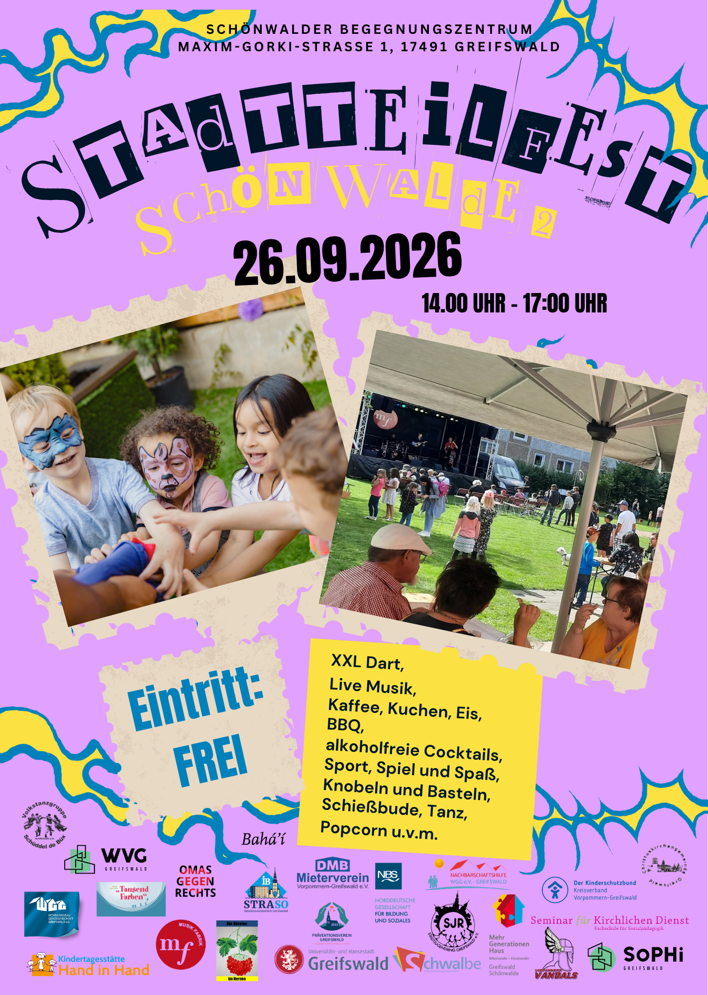 Stadtteilfest in Schönwalde 2 am Sa., 26.09. von 14:00 bis 17:00 Uhr an der Schwalbe in der Maxim-Gorki-Straße 1