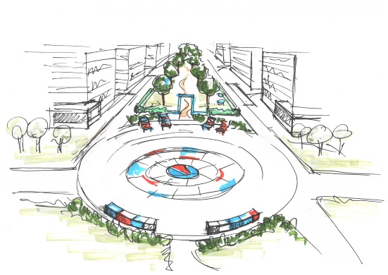 Strategiepapier zum Stadtumbau Ostseeviertel-Ryckseite © Stadtbauamt der Universitäts- und Hansestadt Greifswald Zeichnung einer Straße mit einem Kreisverkehr mit viel Grün