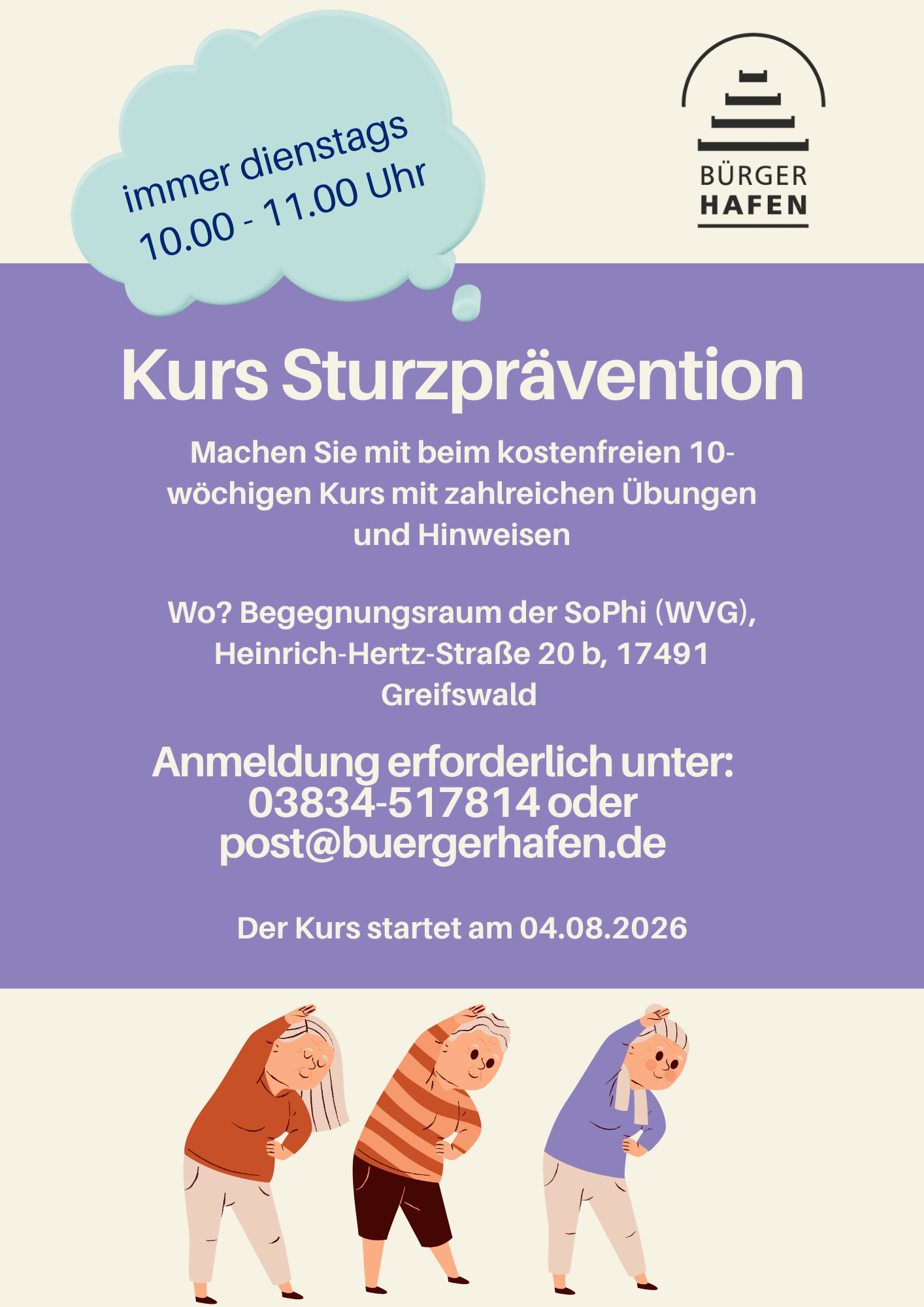 Kurs Sturzprävention ab 04.08. immer dienstags 10:00 bis 11:00 Uhr in der SoPHi in der Heinrich-Hertz-Straße 20 b