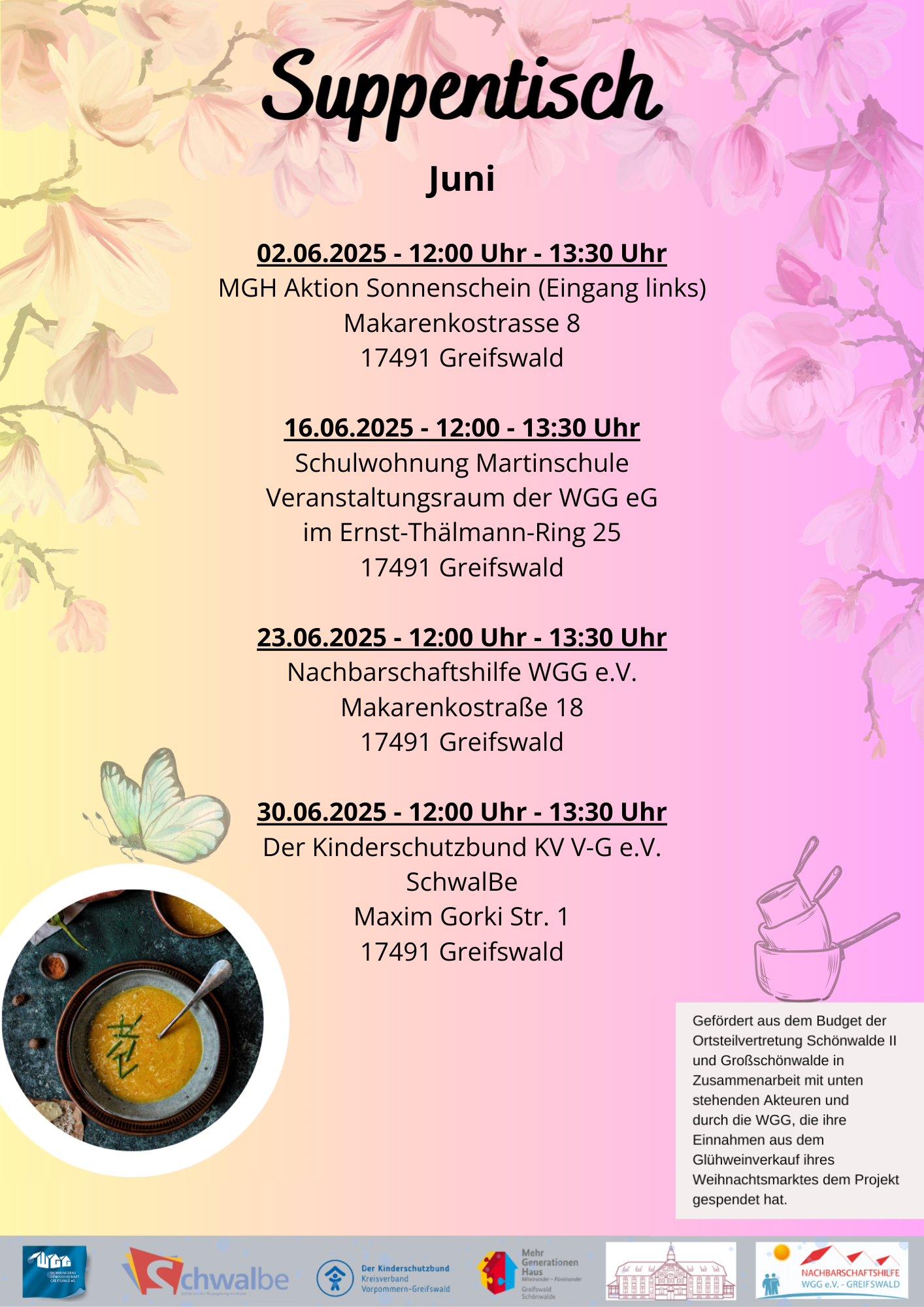 Suppentisch in Schönwalde II, immer montags 12:00 Uhr an wechselnden Orten