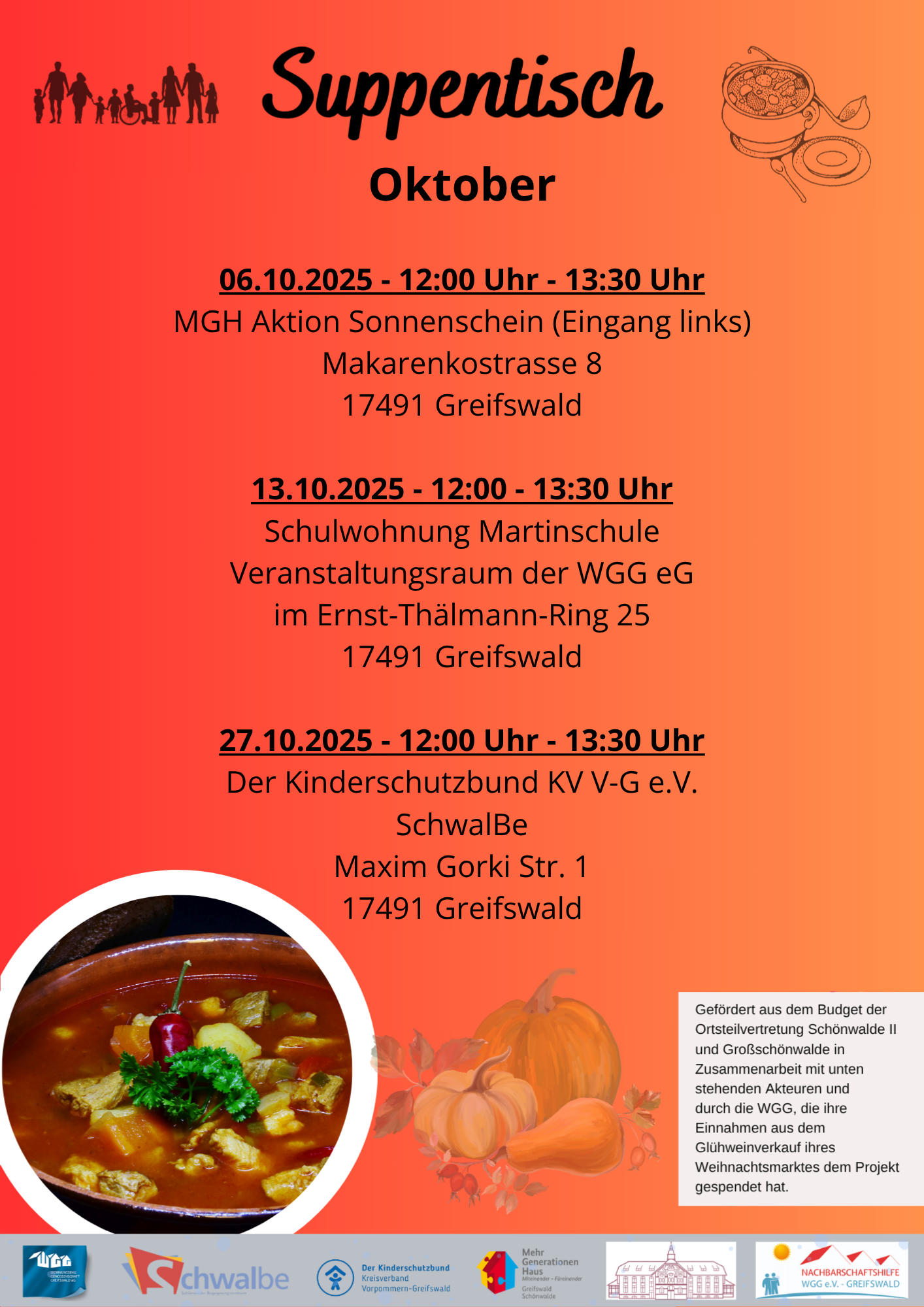 Suppentisch in Schönwalde II, immer montags 12:00 Uhr an wechselnden Orten
