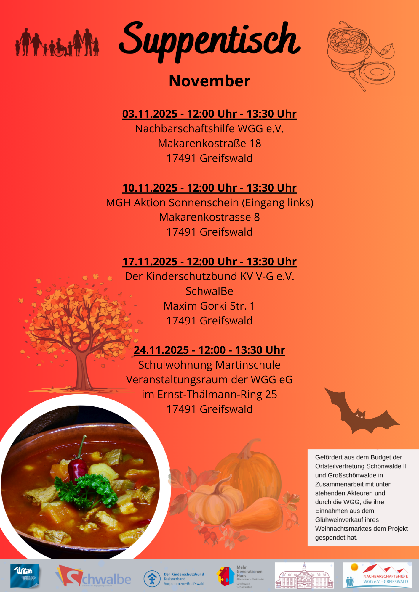 Suppentisch in Schönwalde II, immer montags 12:00 Uhr an wechselnden Orten