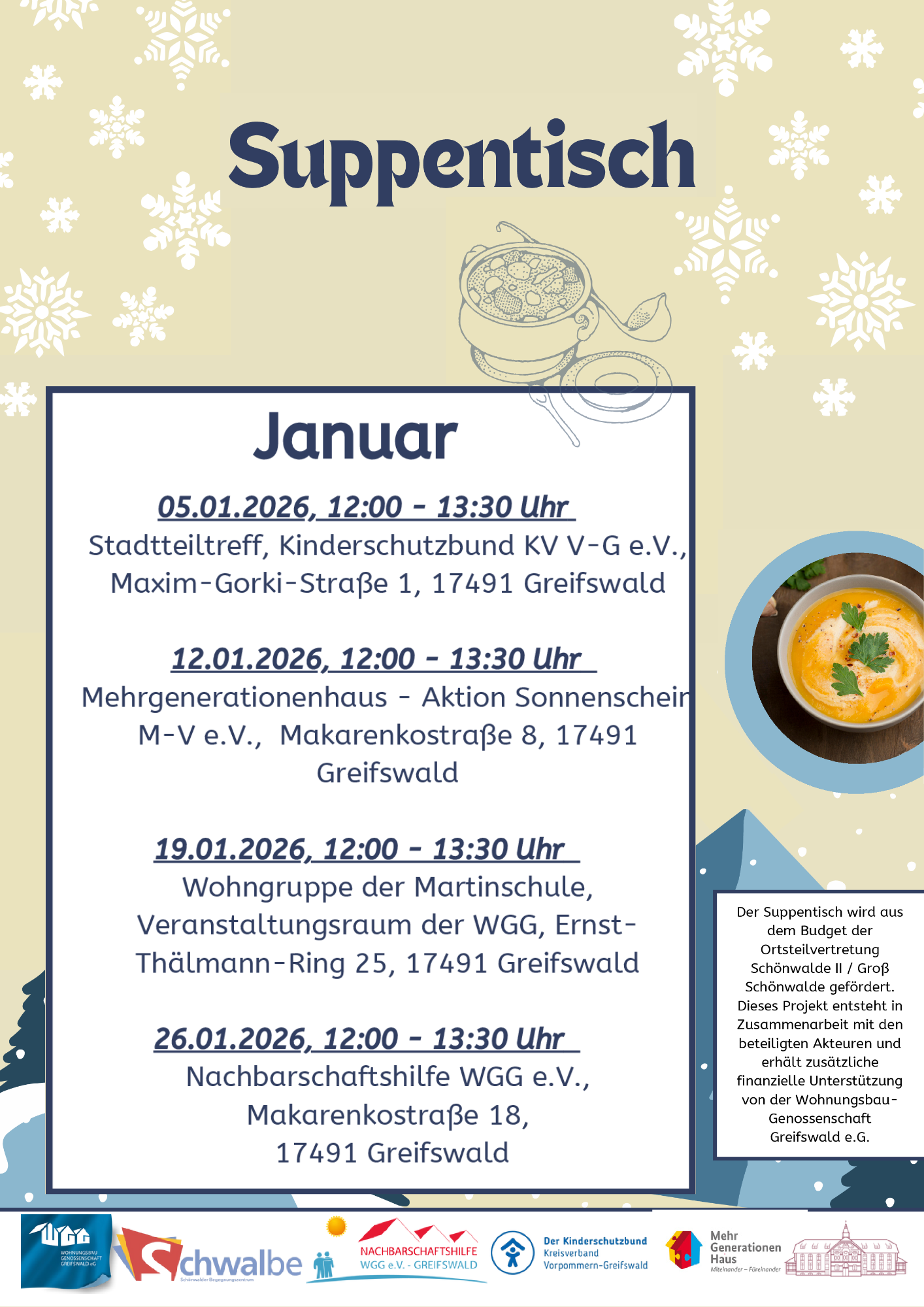 Suppentisch in Schönwalde 2, immer montags 12:00 Uhr an wechselnden Orten