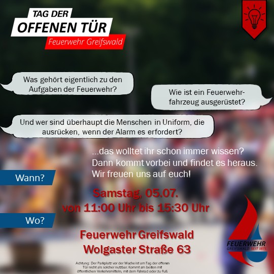 Tag der offenen Tür bei der Feuerwehr am Sa., 05.07. von 11:00 bis 15:30 Uhr in der Wolgaster Straße 63