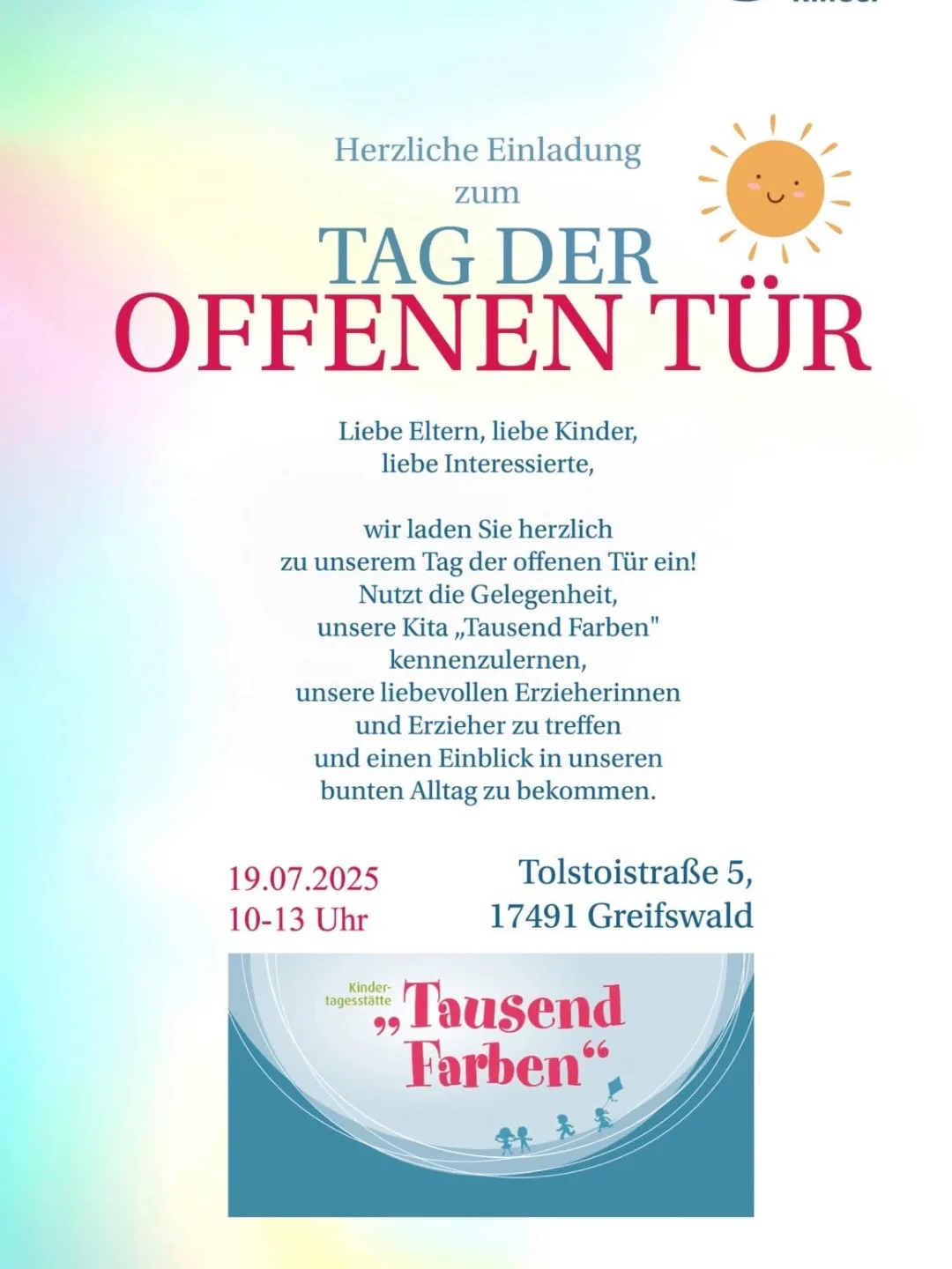 Tag der offenen Tür in der Kita Tausend Farben am Sa., 19.07. von 10:00 bis 13:00 Uhr in der Tolstoistraße 5