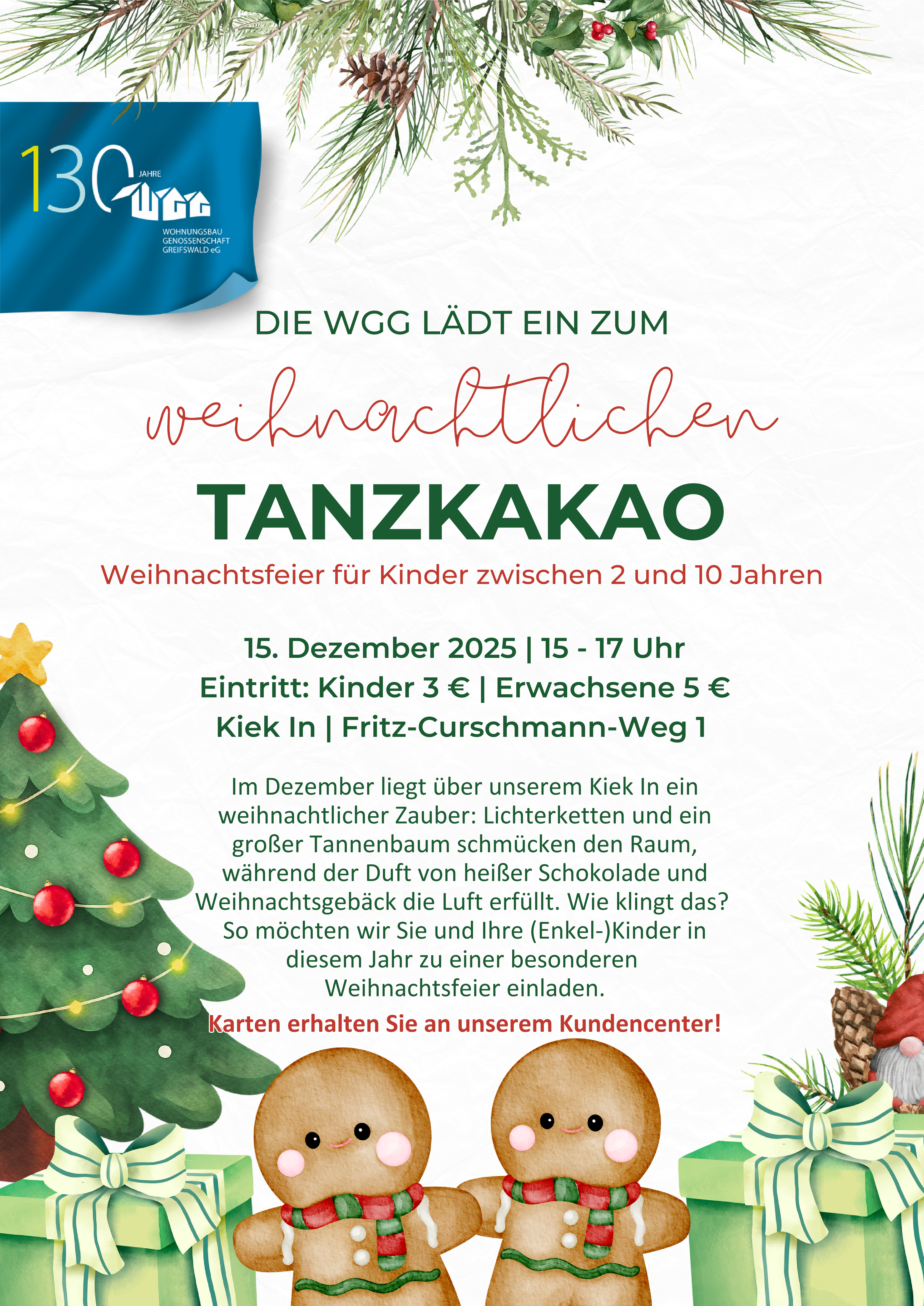 Weihnachtlicher Tanzkakao, Weihnachtsfeier für Kinder zwischen 2 und 10 Jahren, am Mo., 15.12.2025 um 15:00 Uhr im Kiek In der WGG im Fritz-Curschmann-Weg 1