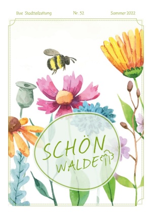 Titelseite der Stadtteilzeitung-Schönwalde 2 Nr. 52 Sommer 2022: Übergezeichnete Blumen fliegt eine Biene
