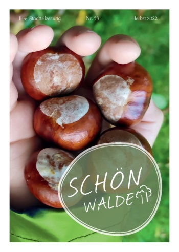 Mehrgenerationenhaus Aktion Sonnenschein Titelseite der Stadtteilzeitung Schönwalde 2 Nr. 53 Herbst 2022: Auf einer Hand liegen Kastanien