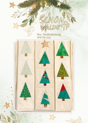 Titelseite der Stadtteilzeitung Schönwalde 2 Nr. 54 Winter 2022: Auf Stoffen sind Weihnachtsbäume aufgenäht