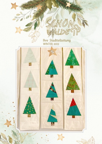 Mehrgenerationenhaus Aktion Sonnenschein Titelseite der Stadtteilzeitung Schönwalde 2 Nr. 54 Winter 2022: Auf Stoffen sind Weihnachtsbäume aufgenäht