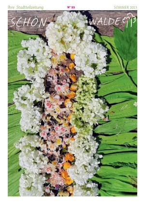 Titelseite der Stadtteilzeitung Schönwalde 2 Nr. 55 Sommer 2023: Auf einer Holzoberfläche liegen zahlreiche Blüten