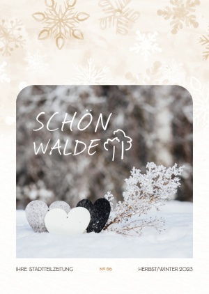 Titelseite der Stadtteilzeitung Schönwalde 2 Nr. 56 Winter 2023: Drei Herzen und verschneiter Zweig liegen im Schnee