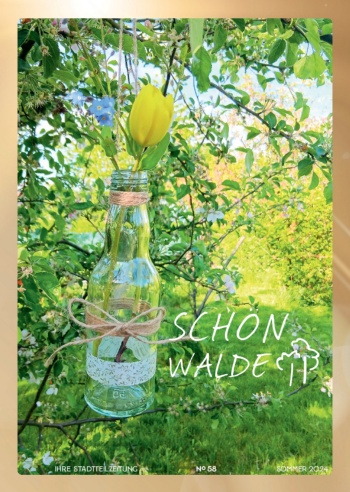Mehrgenerationenhaus Aktion Sonnenschein Titelseite der Stadtteilzeitung-Schönwalde 2 Nr. 58 Sommer 2024: Eine Flasche mit Blumen hängt an einem Baum