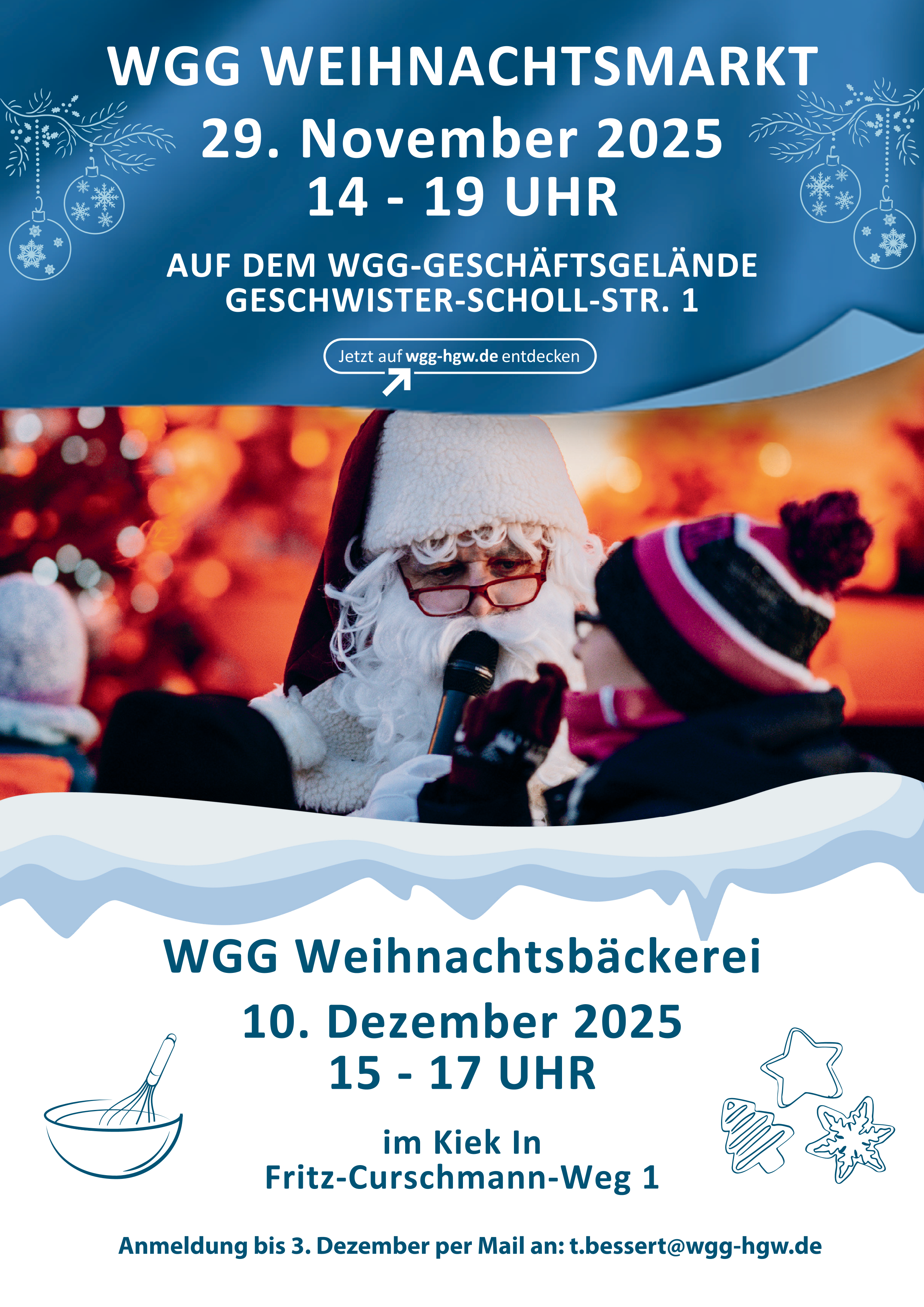 Weihnachtsmarkt der WGG am Sa., 29.11. von 14:00 bis 19:00 Uhr an der WGG-Geschäftsstelle in der Geschwister-Scholl-Straße 1