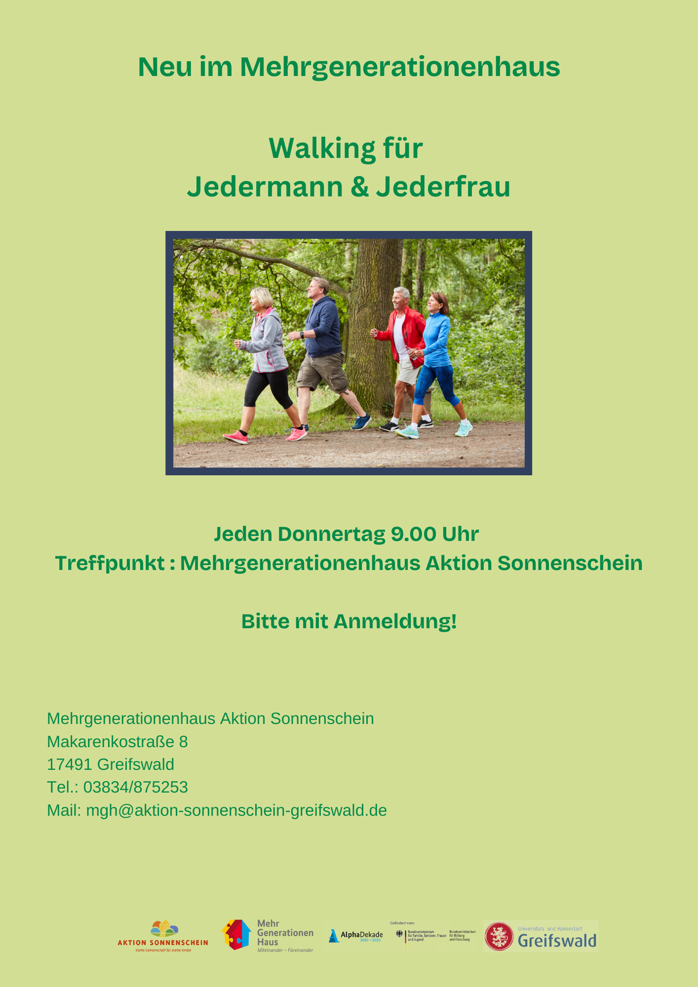 Walking jeden Donnerstag um 9:00 Uhr, Treffpunkt: Mehrgenerationenhaus Aktion Sonnenschein, Makarenkostraße 8