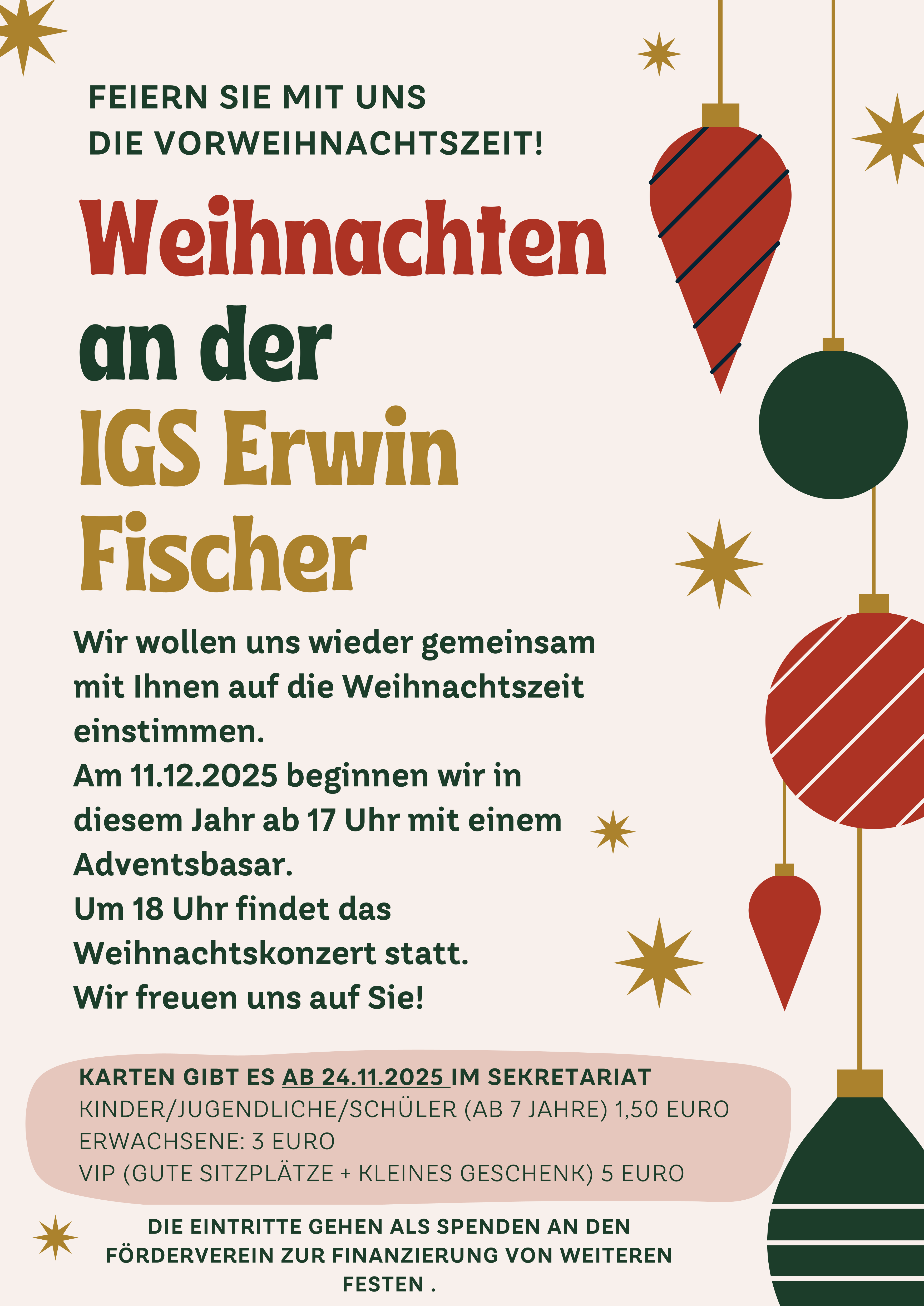 Weihnachtskkonzert an der IGS "Erwin Fischer" am Do., 11.12.2025 um 18:00 Uhr in der Einsteinstraße 6, ab 17:00 Uhr Adventsbasar