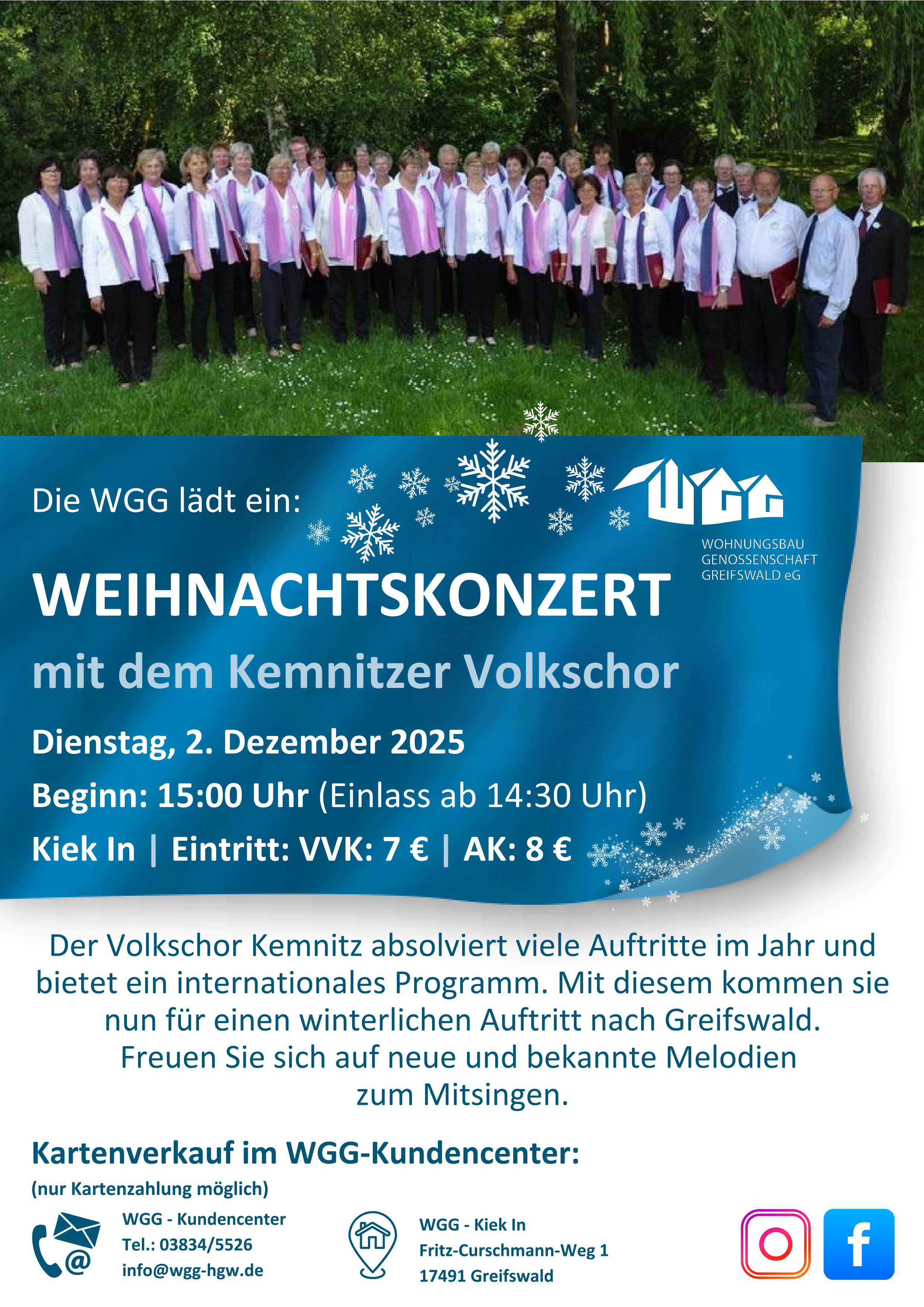 Weihnachtskonzert mit dem Kemnitzer Volkschor am Di., den 02.12.2025 um 15:00 Uhr im Kiek In der WGG im Fritz-Curschmann-Weg 1