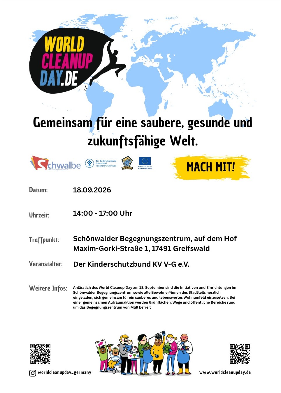 World Cleanup Day am Fr., 18.09.2026 von 14:00 bis 17:00 Uhr auf dem Hof der Schwalbe in der Maxim-Gorki-Straße 1