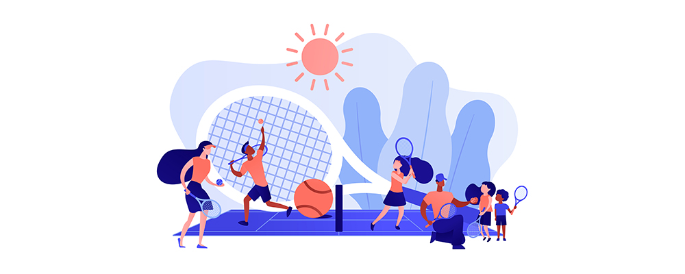 Trainer und Kinder auf dem Platz üben mit Schlägern