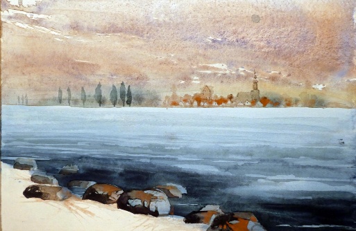 Ein Aquarellbild von Friedrich Wagner, das die Silhouette von Greifswald zeigt