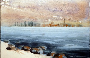 Ein Aquarellbild von Friedrich Wagner, das die Silhouette von Greifswald zeigt - © Friedrich Wagner Ein Aquarellbild von Friedrich Wagner, das die Silhouette von Greifswald zeigt