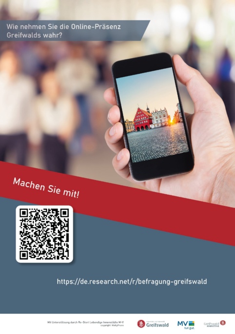 Wie nehmen Sie die Online-Präsenz Greifswalds wahr? ist eine Leitfrage auf dem Plakat zur Kundenbefragung für Digitalisierungskonzept Innenstadt 