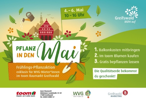 Plakat für die Aktion Pflanz in den Mai vom 4. bis 6. Mai für WVG-Mieter im toom Baumarkt Greifswald