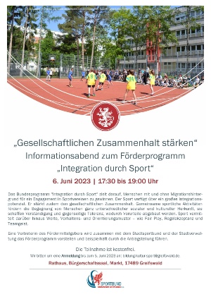 Plakat für die Informationsveranstaltung am 6. Juni 2023 von 17:30 bis 19:00 Uhr im Bürgerschaftssaal des Rathauses zum Förderprogramm Integration durch Sport