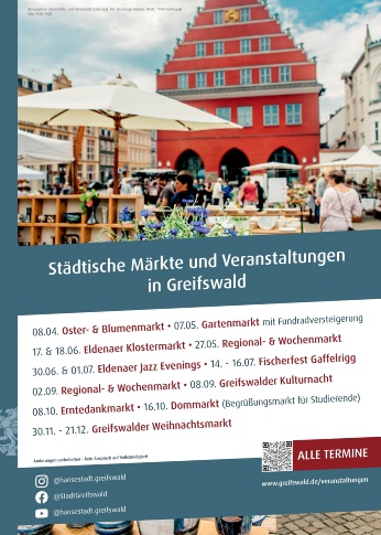 Das Plakat zeigt eine Übersicht der städtischen Märkte und Veranstaltungen 2023. Alternativ können die Termine unter www.greifswald.de/veranstaltungen eingesehen werden.