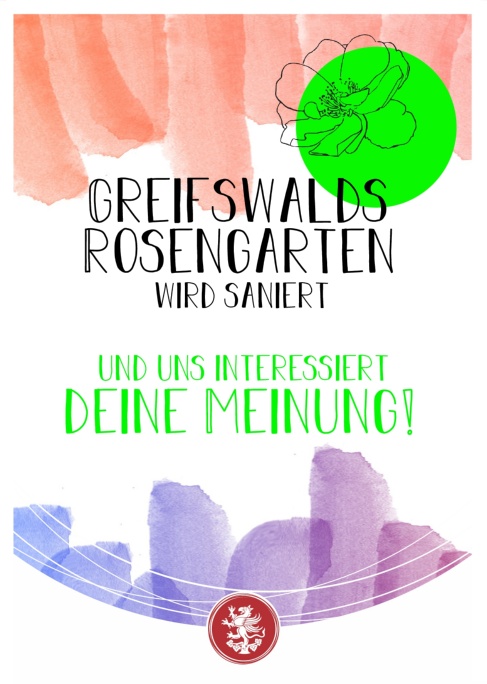 Vorderseite des Flyers zur Kinder- und Jugendumfrage zur Sanierung und Umgestaltung des Greifswalder Rosengartens
