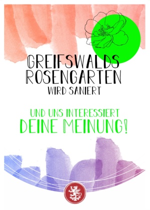 Vorderseite des Flyers zur Kinder- und Jugendumfrage zur Sanierung und Umgestaltung des Greifswalder Rosengartens