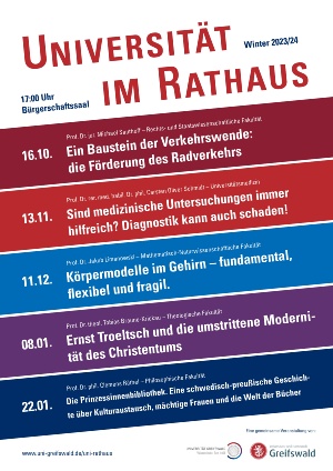 Auf dem Plakat sind die Vorträge für die Reihe Universität im Rathaus für das Wintersemeter 2023/24 vermerkt