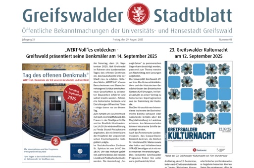 Titelblatt des Greifswalder Stadtblattes vom 29.08.2025 (Ausschnitt)