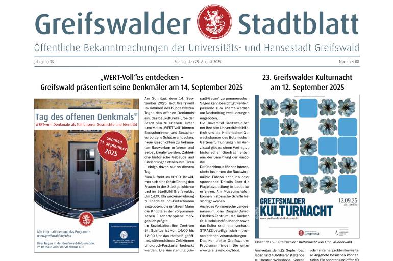 Titelblatt des Greifswalder Stadtblattes vom 29.08.2025 Ausschnitt