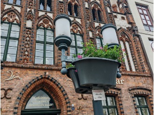 eine bepflanzte Blumenampel an einem Lichtmast in der Innenstadt
