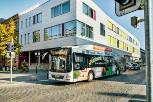 Stadtbus und Fahrradfahrer vor der Kollwitz-Grundschule