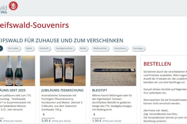 Screenshot zum neuen Online-Shop der Greifswald-Information