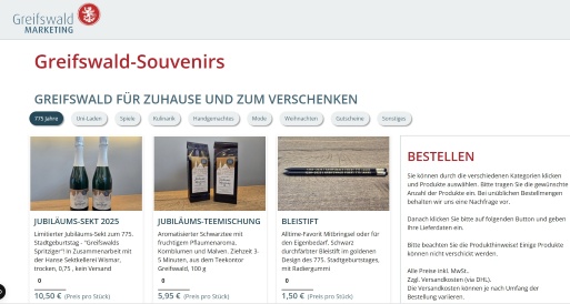 Screenshot zum neuen Online-Shop der Greifswald-Information