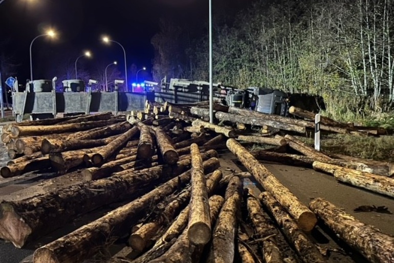 Baumstämme liegen quer über die Straße verteilt