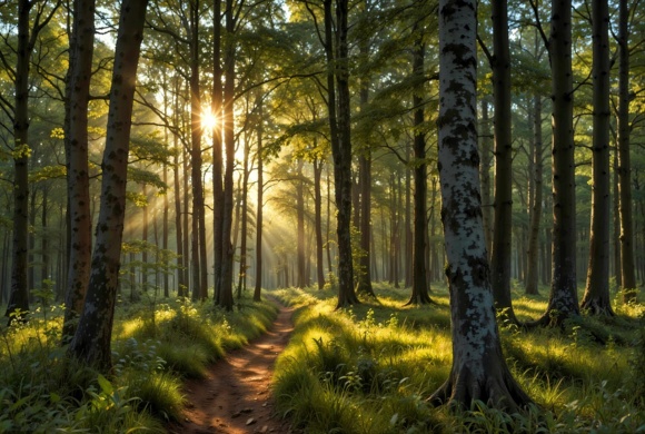 Wald mit Sonnenstrahlen
