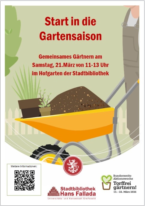 Plakat Start in die Gartensaison in der Greifswalder Stadtbibliothek 2026