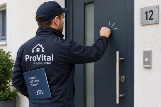Vertreter einer fiktiven Firma klopft an eine Haustür