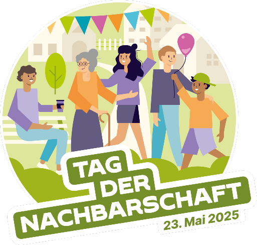 Grafik zum Tag der Nachbarschaft mit mehreren Menschen und Wimpeln
